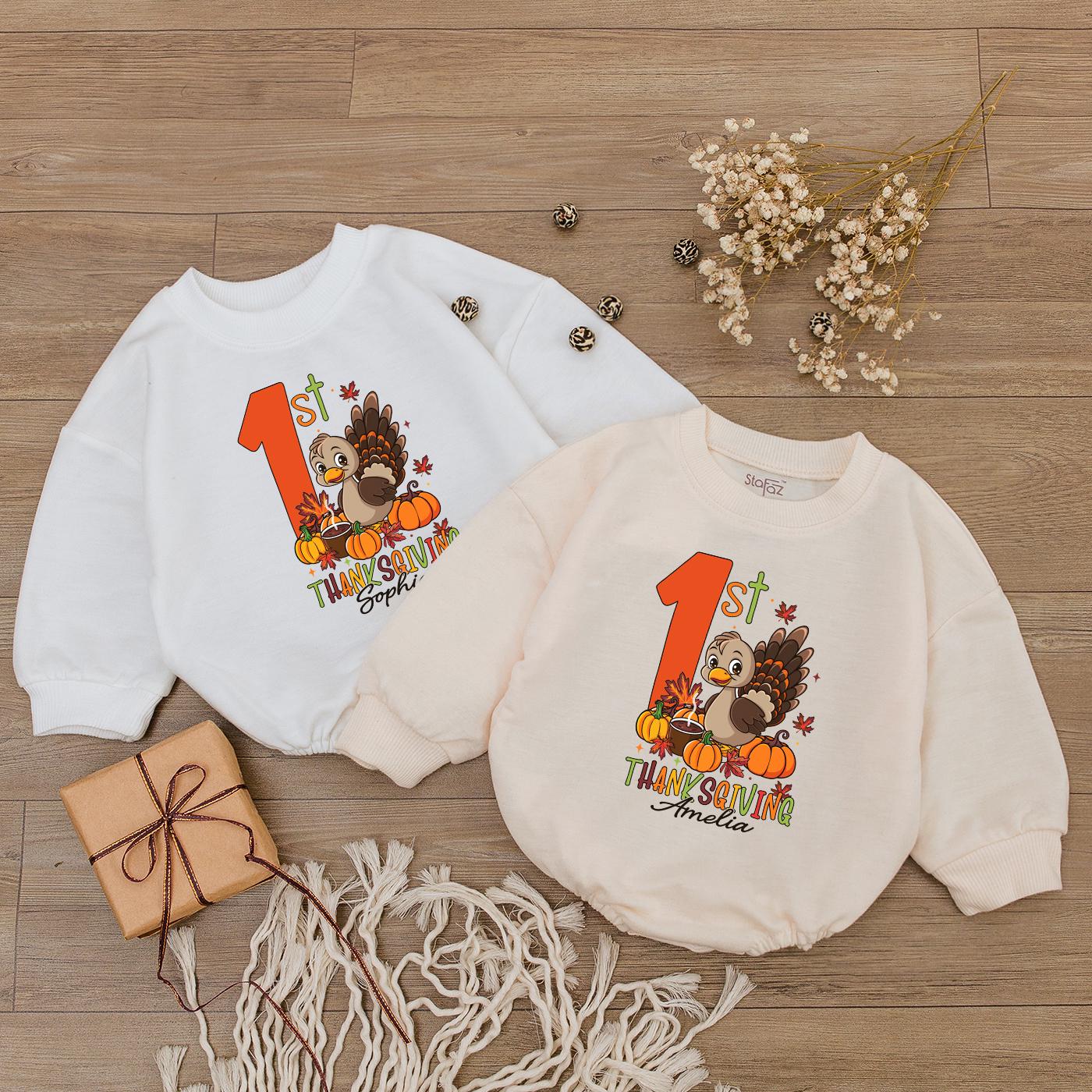 Baby's 1st Thanksgiving Romper, Cute Turkey Day Outfit, Little Pumpkin Bodysuit, Personalized Sophia Thanksgiving Outfit, Autumn Gift Idea Kid Sweatshirt 1st