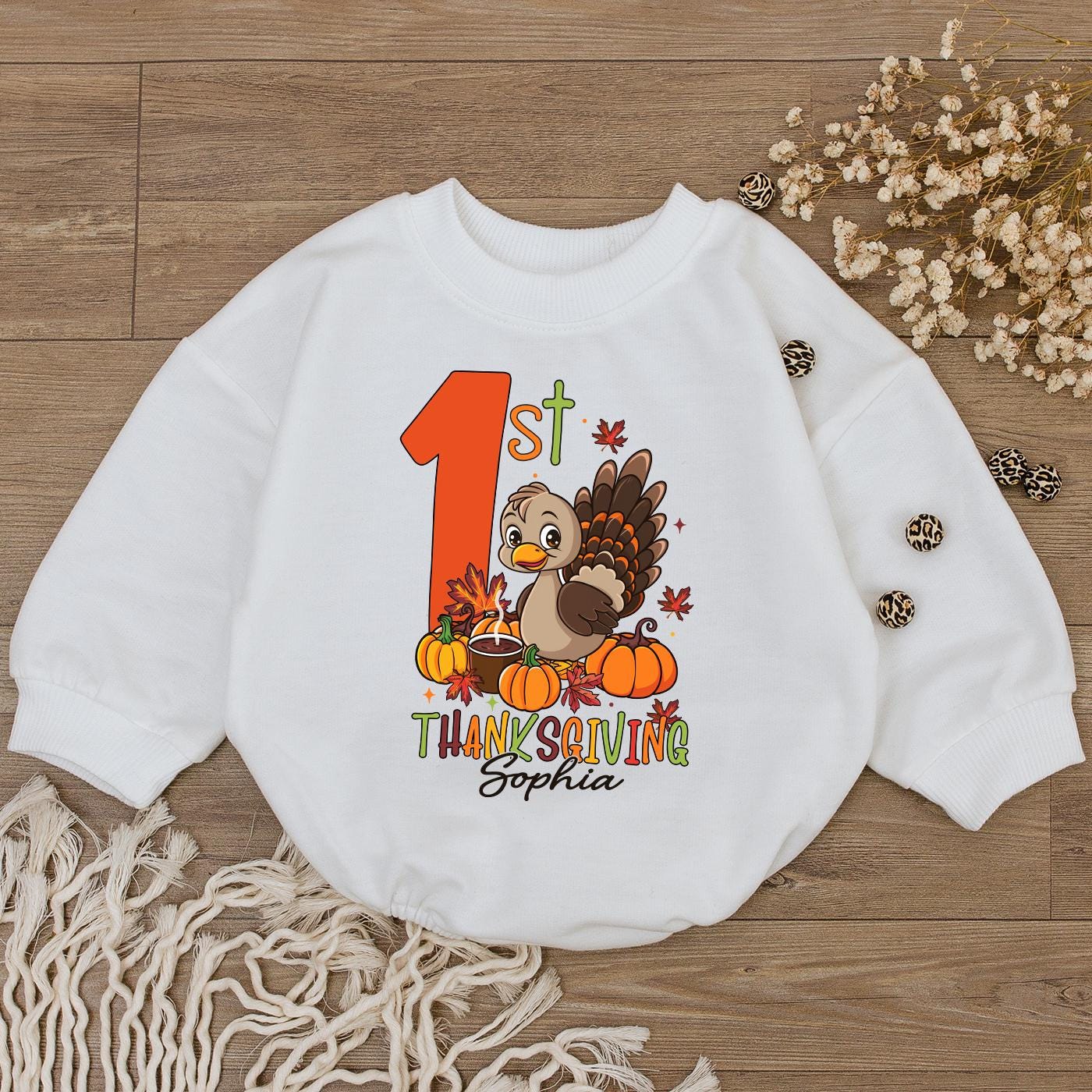 Baby's 1st Thanksgiving Romper, Cute Turkey Day Outfit, Little Pumpkin Bodysuit, Personalized Sophia Thanksgiving Outfit, Autumn Gift Idea Kid Sweatshirt 1st
