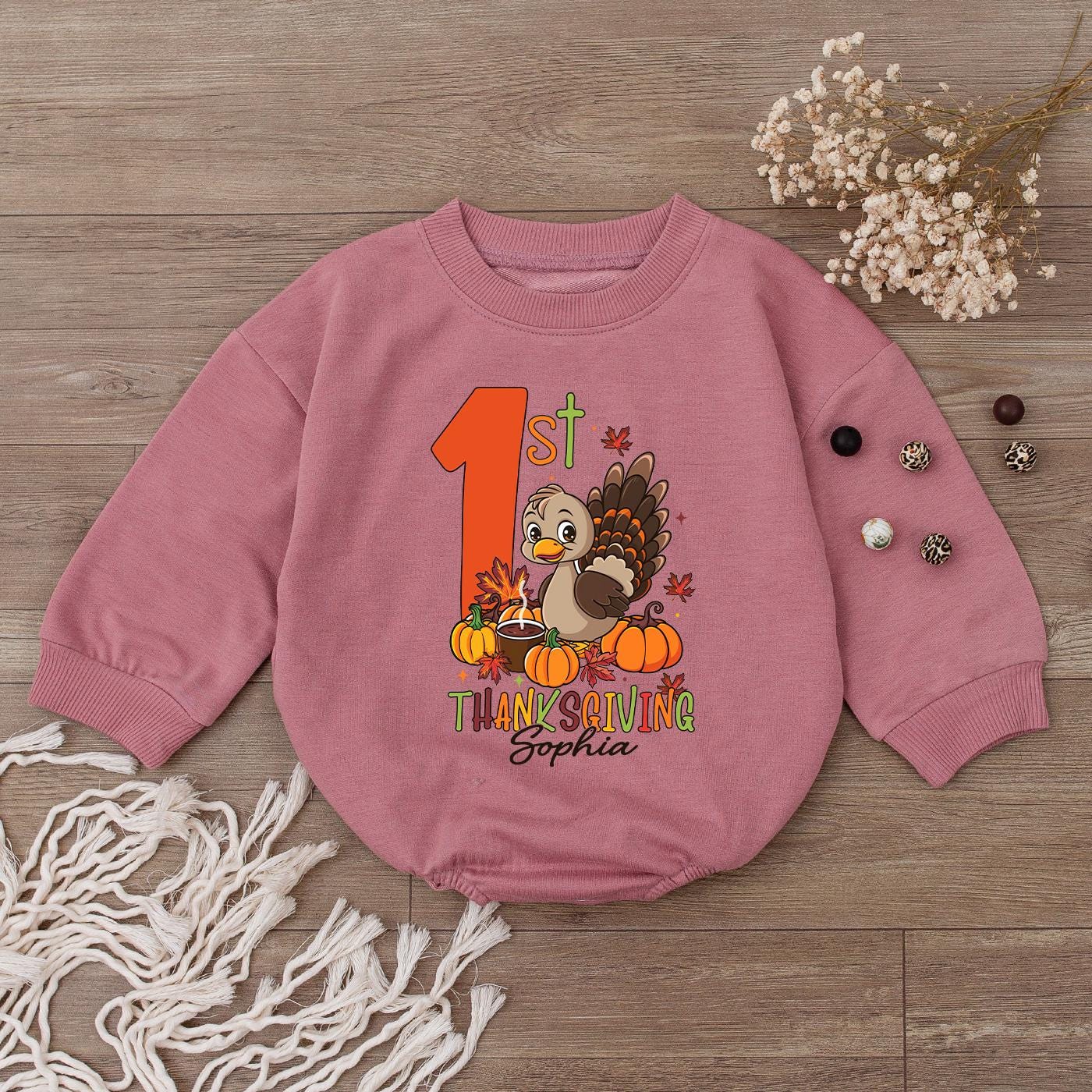 Baby's 1st Thanksgiving Romper, Cute Turkey Day Outfit, Little Pumpkin Bodysuit, Personalized Sophia Thanksgiving Outfit, Autumn Gift Idea Kid Sweatshirt 1st