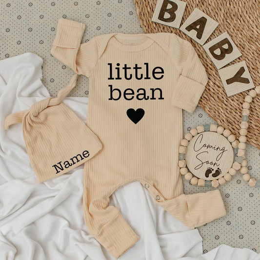 Personalized Little Bean Bodysuit & Hat Set - Custom Name Coffee Baby Outfit -Newborn Going Home Clothes - Unisex Gift for Baby Shower- 135 chars