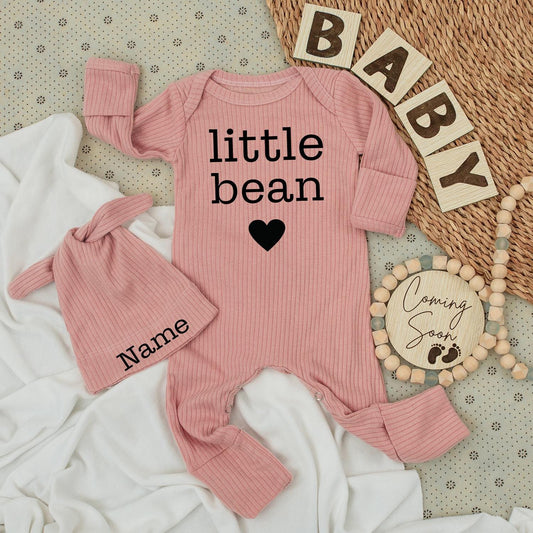 Personalized Little Bean Bodysuit & Hat Set - Custom Name Coffee Baby Outfit -Newborn Going Home Clothes - Unisex Gift for Baby Shower- 135 chars