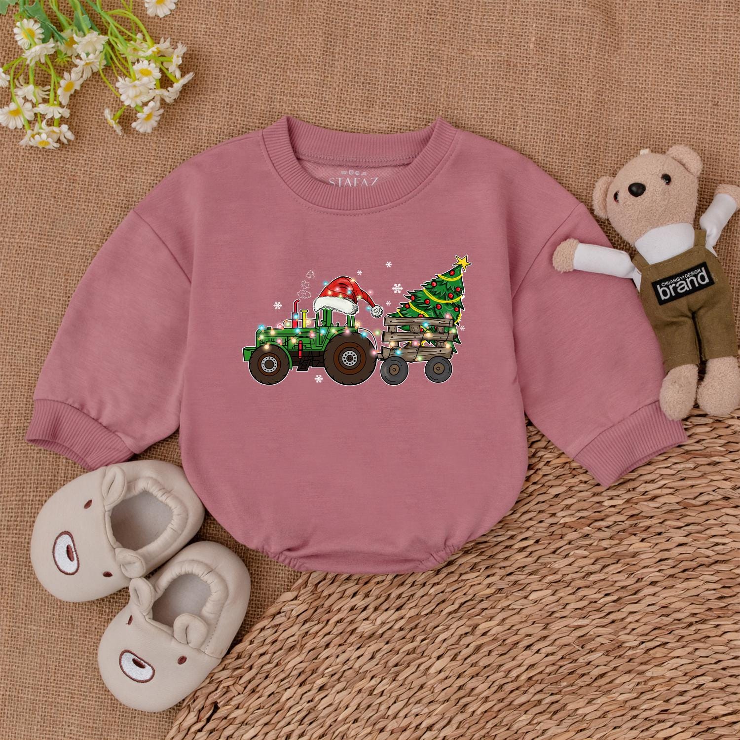 Trendy Christmas Tractor Romper: Perfect Baby Gift for First Holiday