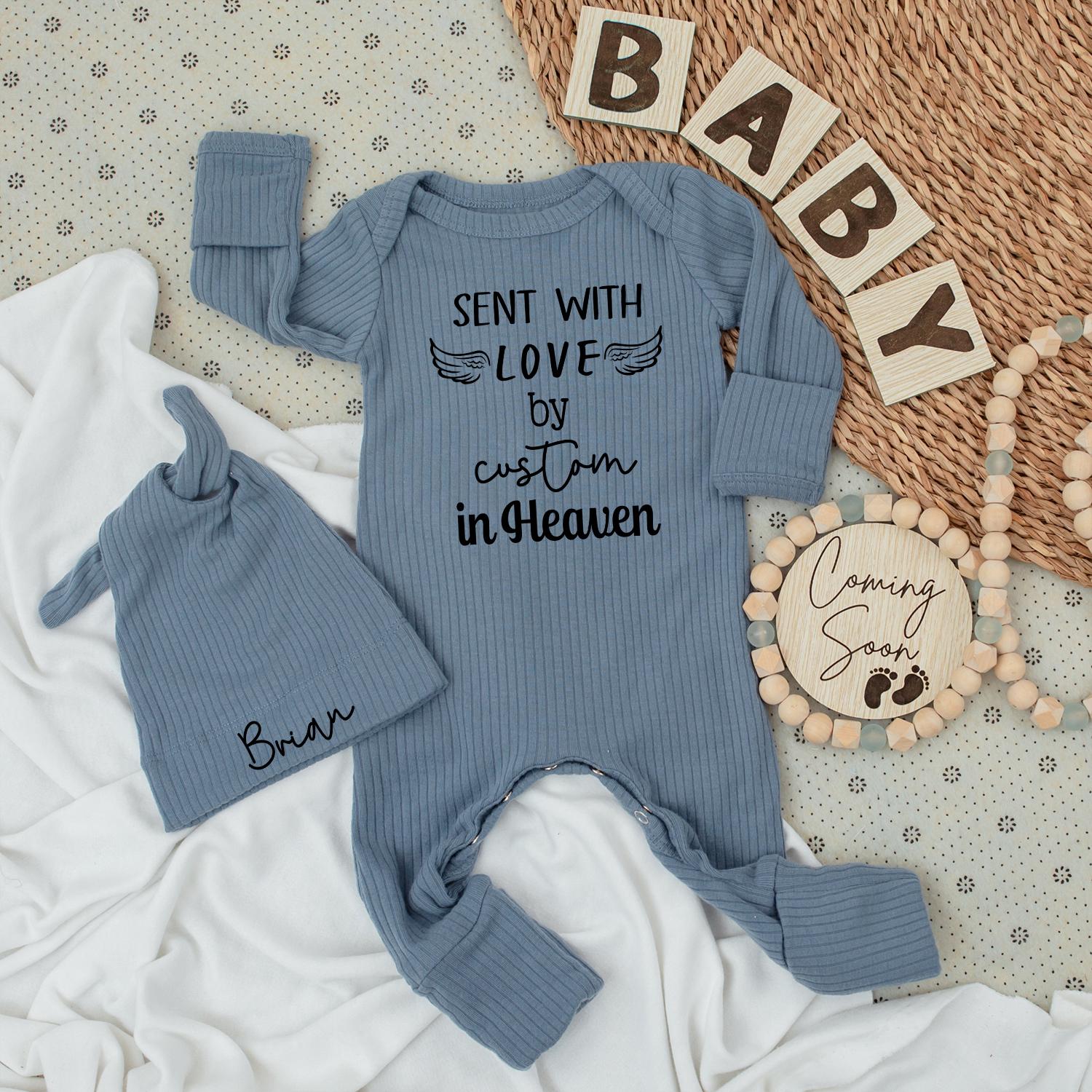 Personalized Heaven Sent Baby Bodysuit and Hat Set featuring "Sent with Love by Grandma in Heaven" and Custom Baby Name