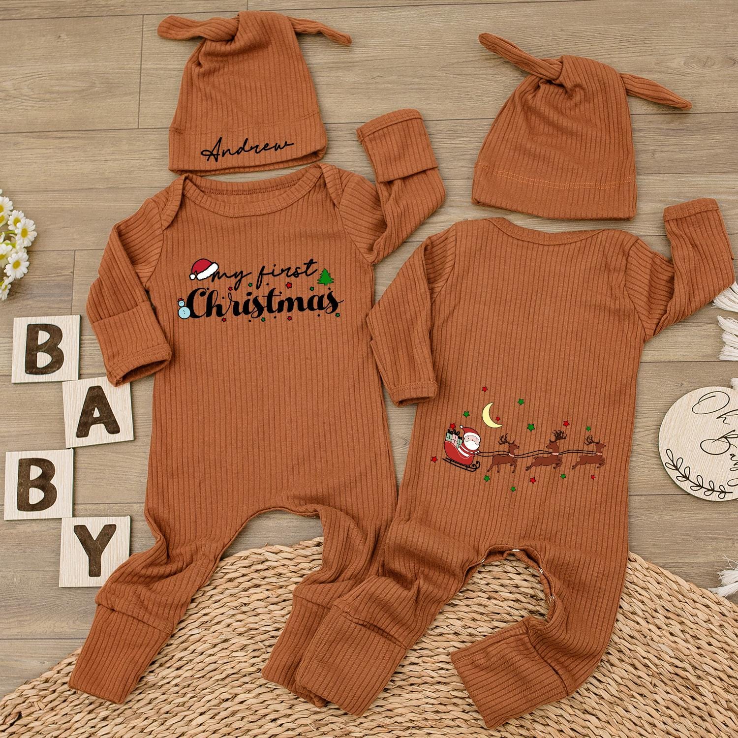 Personalized 1st Christmas Baby Bodysuit & Hat - Holiday Newborn Gift
