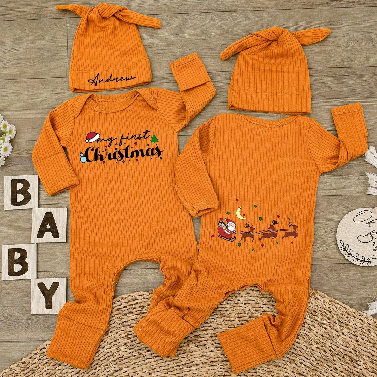 Personalized 1st Christmas Baby Bodysuit & Hat - Holiday Newborn Gift