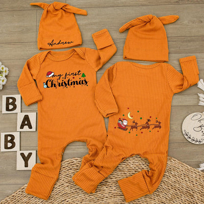 Custom My First Christmas Baby Bodysuit and Hat Set Newborn Jumpsuit with Adorable Santa Sleigh Reindeer Christmas Tree Graphics Holiday Baby Shower Gift