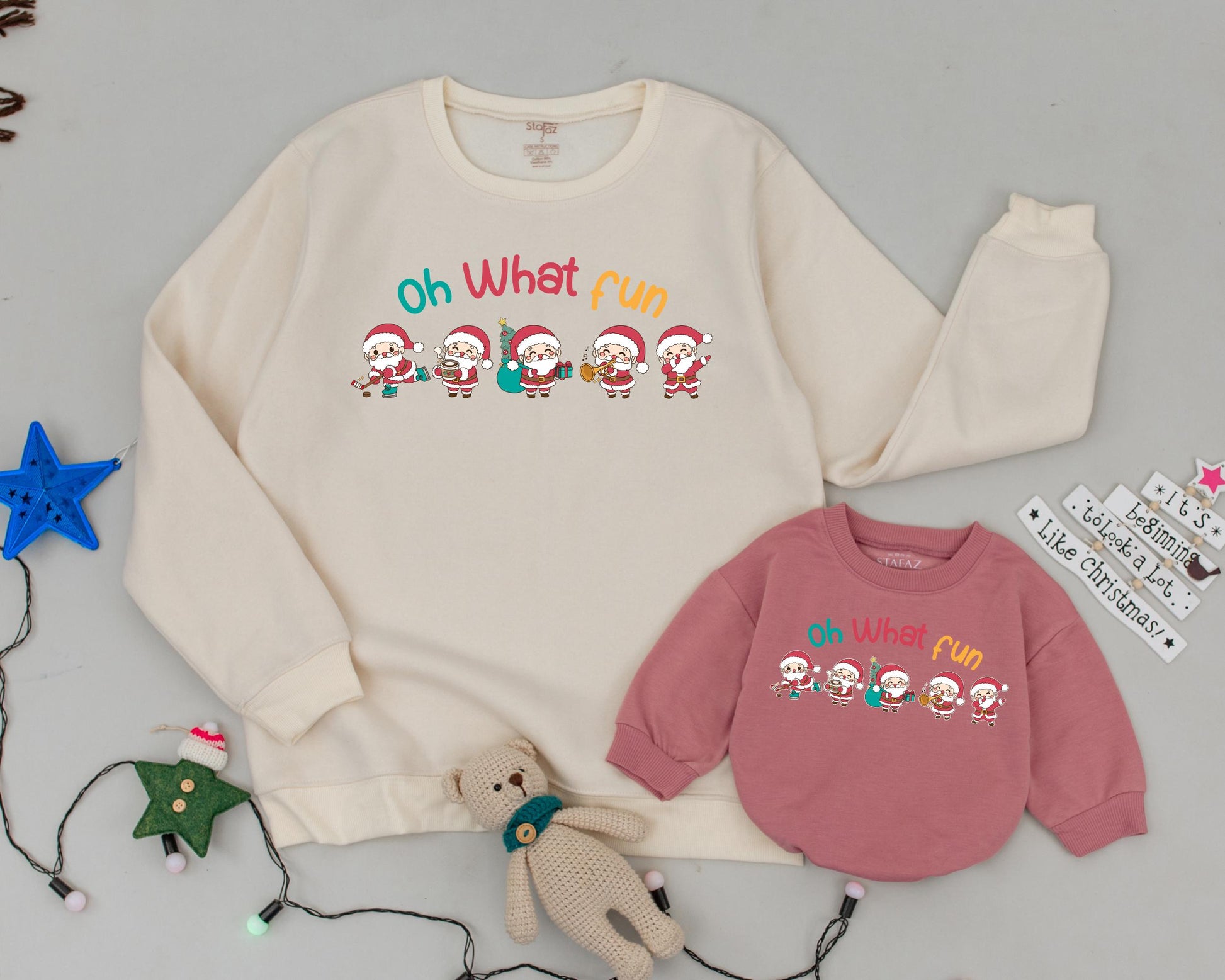 Personalized Mama and Mini Matching Christmas Sweatshirts featuring playful "Oh What Fun" Santa figures Mom Daughter Baby Romper Gift