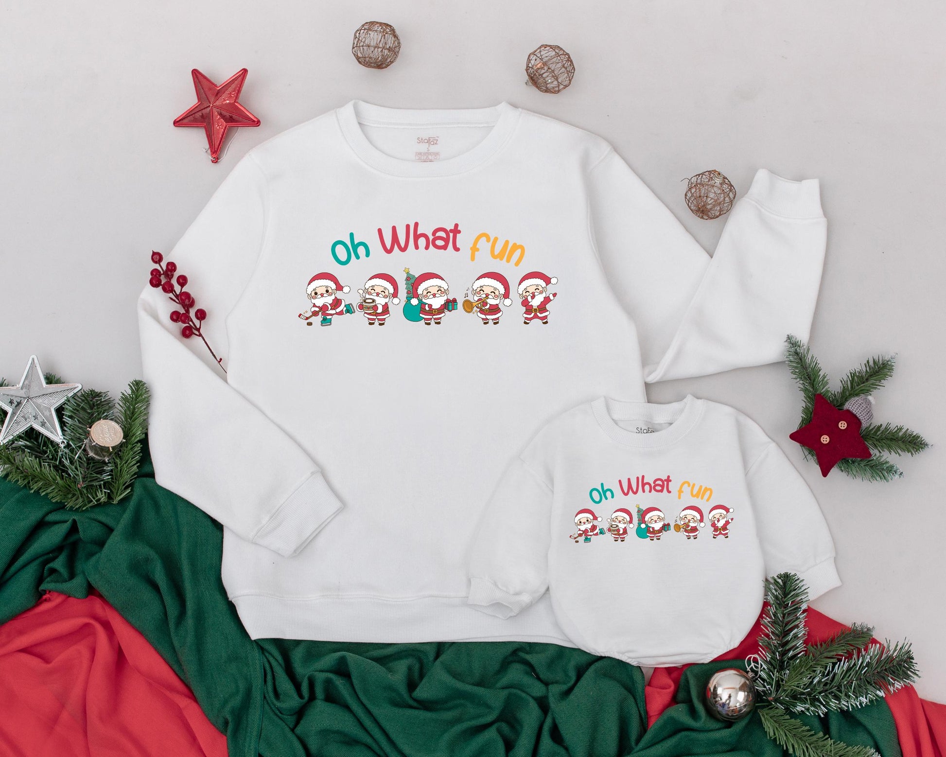 Personalized Mama and Mini Matching Christmas Sweatshirts featuring playful "Oh What Fun" Santa figures Mom Daughter Baby Romper Gift