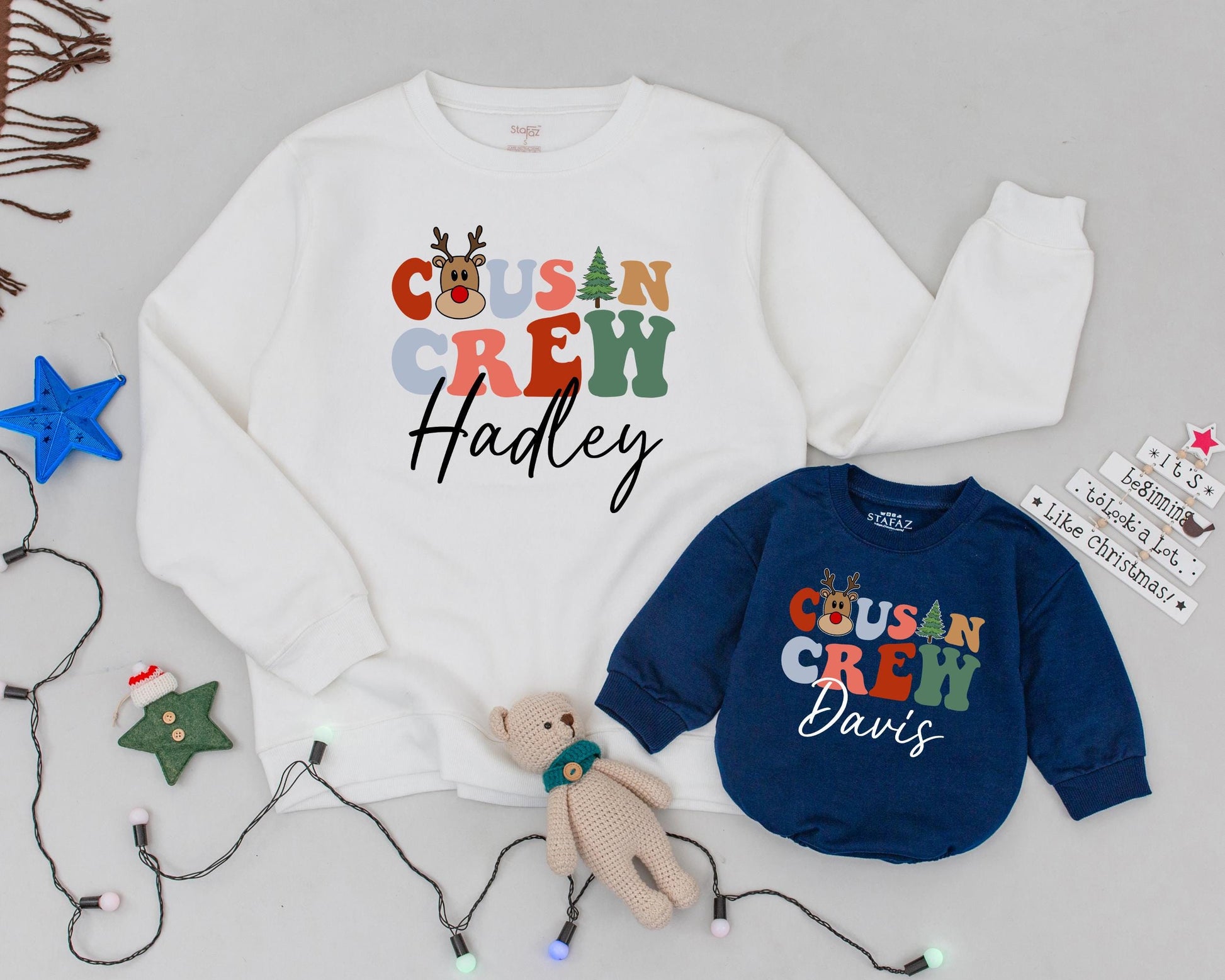 Personalized Cousin Crew Christmas Sweatshirt with Reindeer Tree Design for Kids and Mama Mini Holiday Outfit Comfortable Family Gift