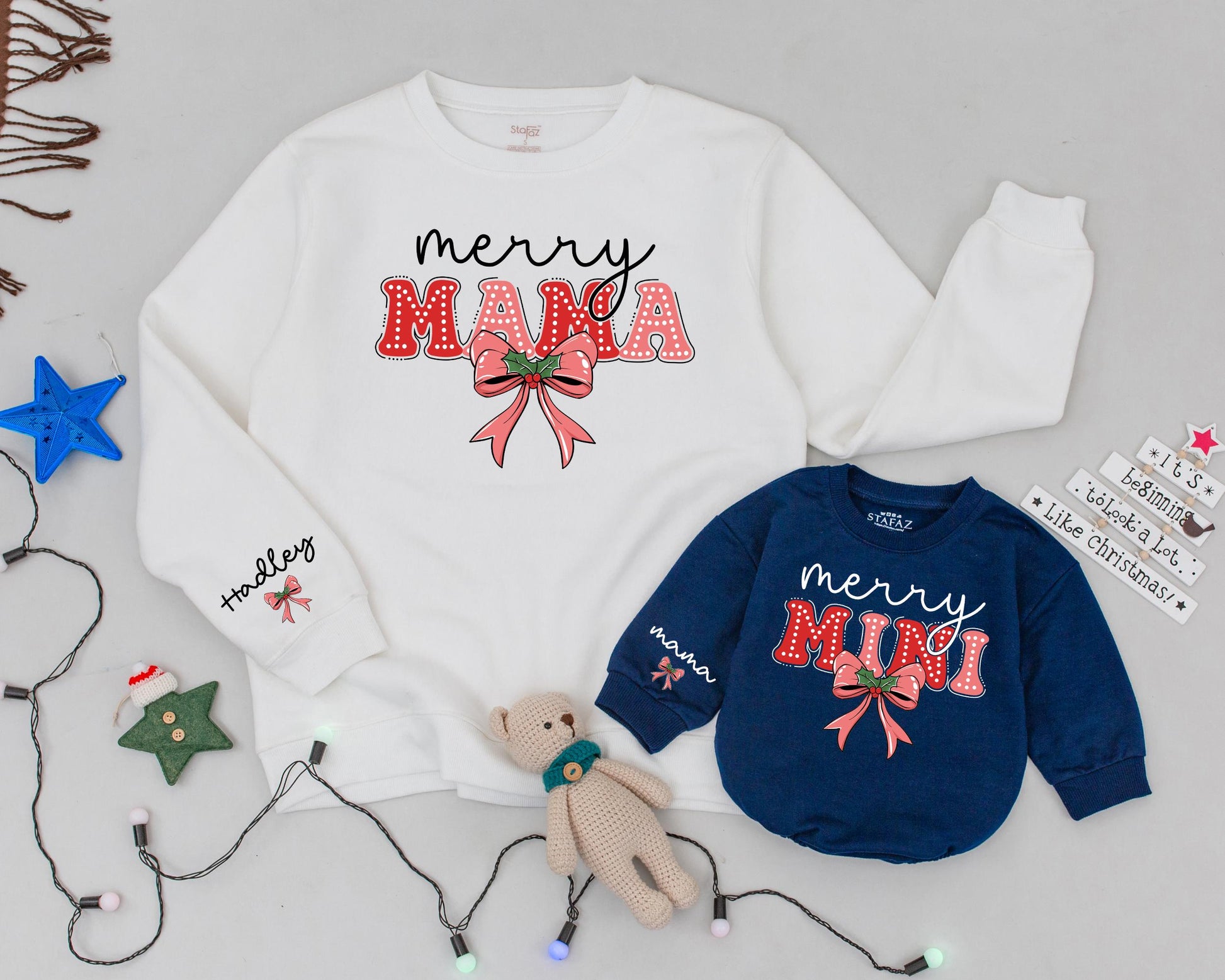 Personalized Mom & Baby Matching Christmas Sweatshirt Set with Name on Sleeve, Merry Mama Mini Pink Polka Dot Bow Holiday Outfit