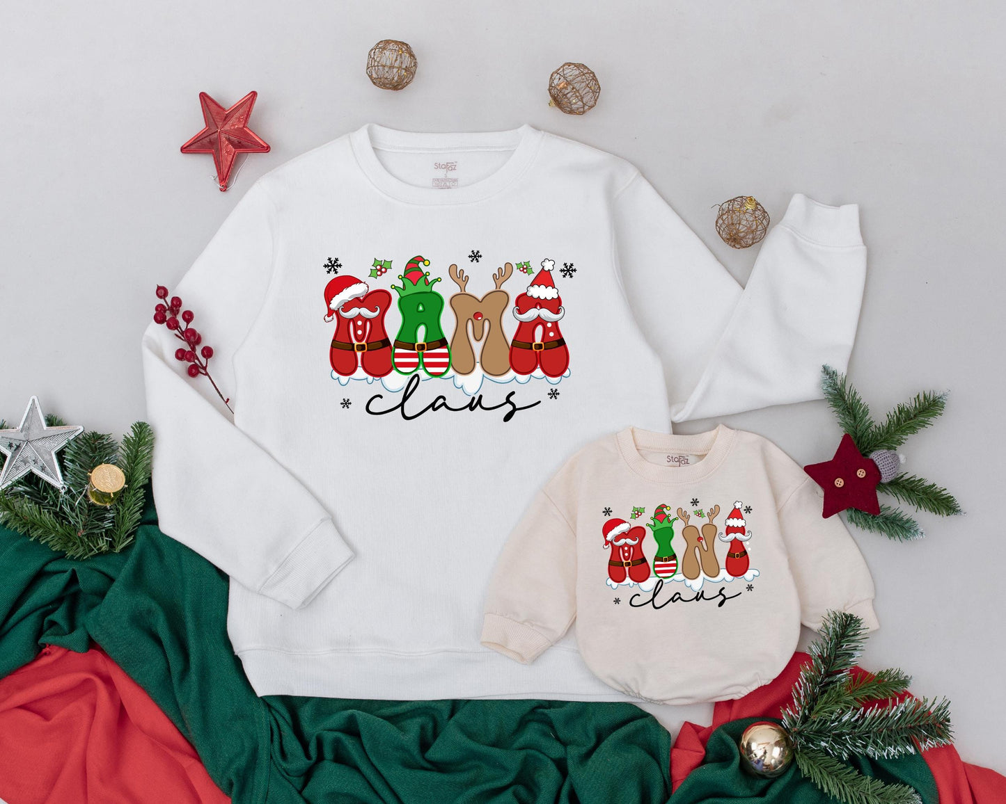 Personalized Mama Claus Mini Matching Christmas Sweatshirt Mom Baby Girl Outfit Festive Holiday Family Look Playful Santa Elf Vintage Style