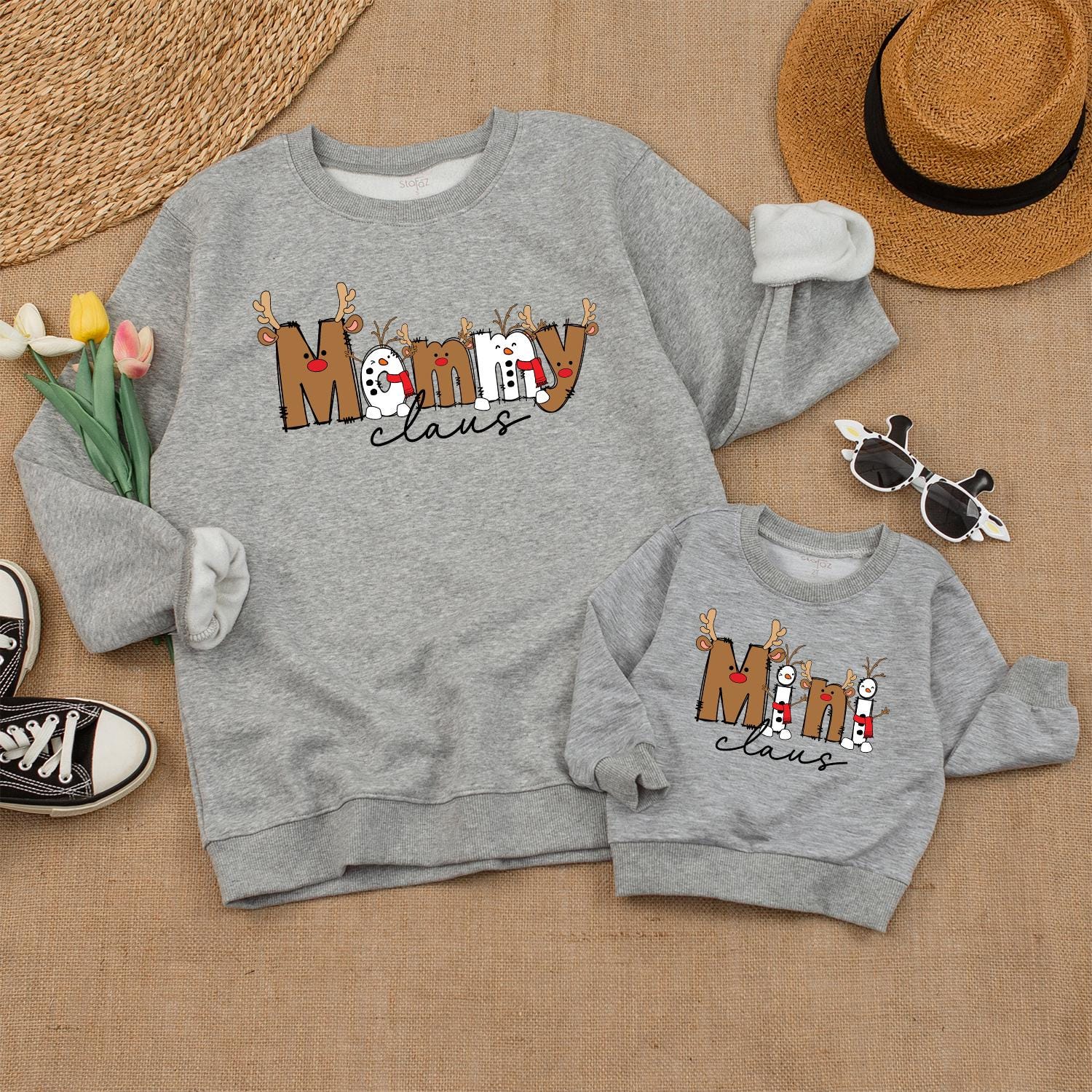 Claus Family Matching Christmas Sweaters: Boho Holiday Outfits for Daddy, Mommy, & Baby with Reindeer Antler Accents - Whimsical Xmas Gifts