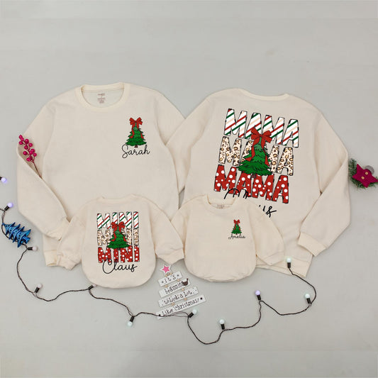 Trendy Christmas Mama Sweatshirt with Leopard Print Tree Bow, Mini Claus Matching Family Outfits, Girly Festive Holiday Sweater, Cute Personalized Sarah 139 chars