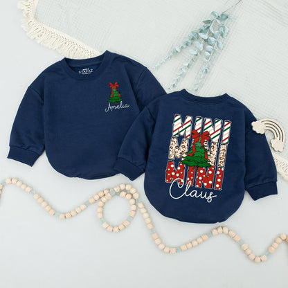Trendy Christmas Mama Sweatshirt with Leopard Print Tree Bow, Mini Claus Matching Family Outfits, Girly Festive Holiday Sweater, Cute Personalized Sarah 139 chars