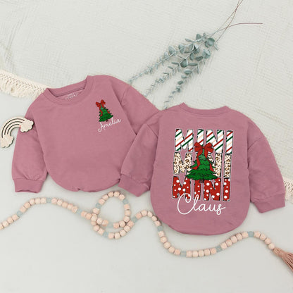Trendy Christmas Mama Sweatshirt with Leopard Print Tree Bow, Mini Claus Matching Family Outfits, Girly Festive Holiday Sweater, Cute Personalized Sarah 139 chars