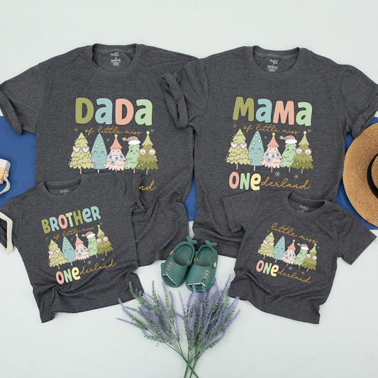 Dada ONEderland Matching Family 1st Birthday Shirts Retro Christmas Trees Outfit Little Miss Tee Winter Xmas Party Pastel Colors Brother Mama Gift (139 chars)