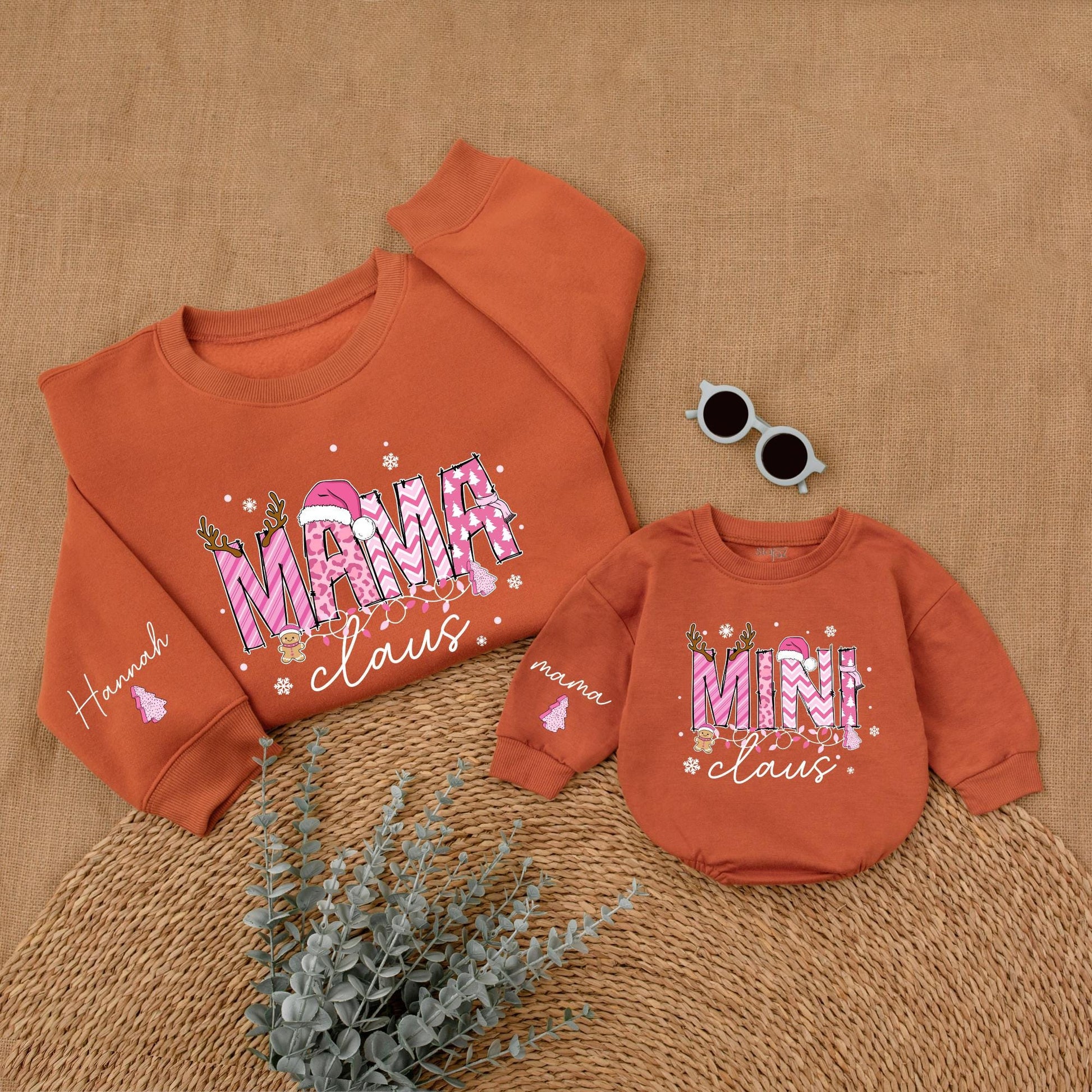 Personalized Pink Mama Claus Mini Claus Christmas Mommy and Me Matching Sweatshirt Baby Bubble Romper Set with Whimsical Holiday Design and Custom Name Sleeves
