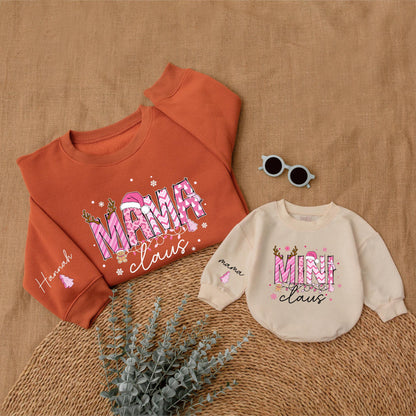 Personalized Pink Mama Claus Mini Claus Christmas Mommy and Me Matching Sweatshirt Baby Bubble Romper Set with Whimsical Holiday Design and Custom Name Sleeves