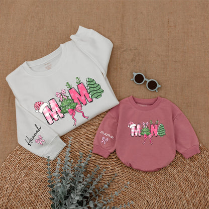 Personalized Mommy and Me Christmas Sweatshirt, Festive Mama Mini Letters, Pink Bows, Santa Hat, Tree and Snowflake Plaid, Cozy Baby Girl Holiday Gift