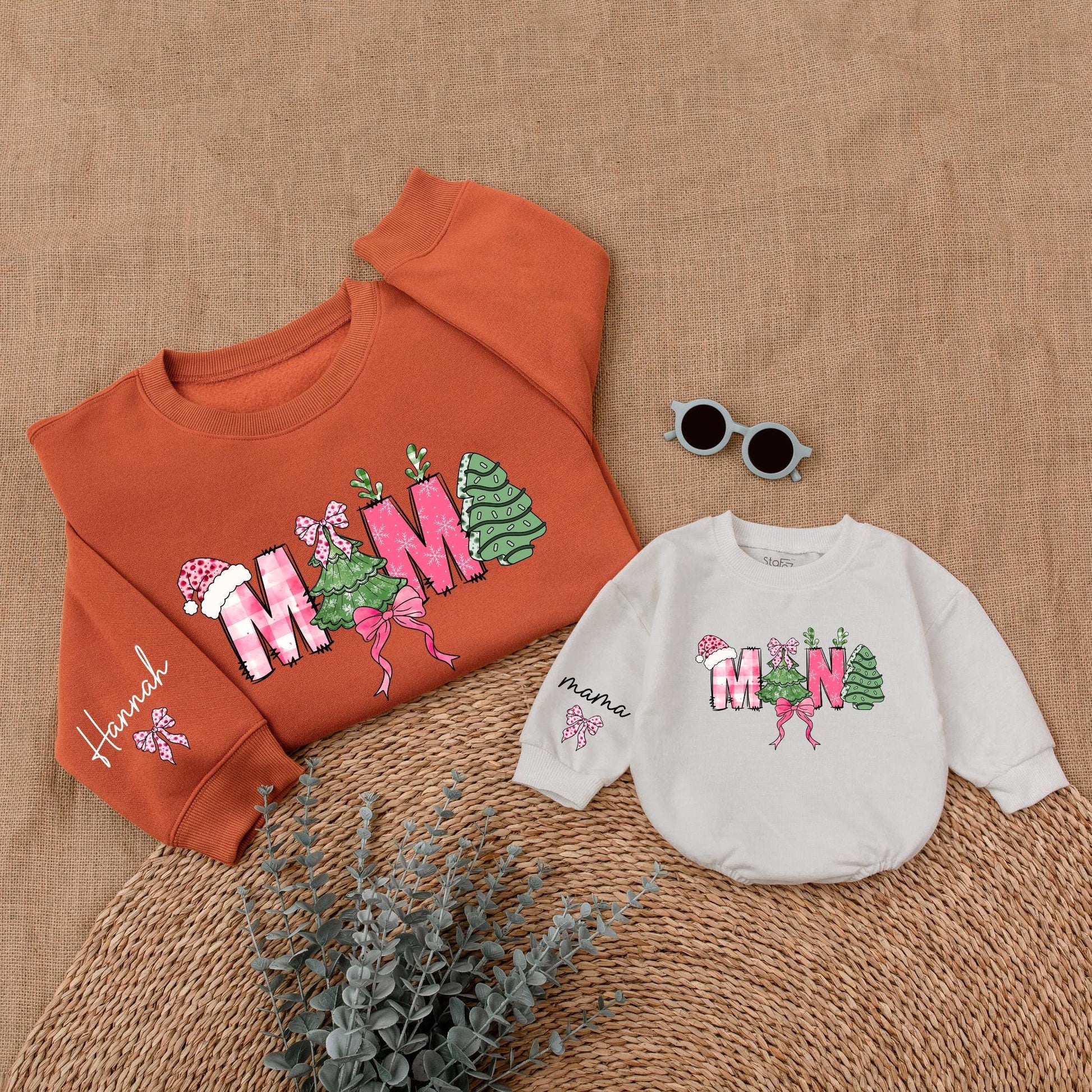 Personalized Mommy and Me Christmas Sweatshirt, Festive Mama Mini Letters, Pink Bows, Santa Hat, Tree and Snowflake Plaid, Cozy Baby Girl Holiday Gift