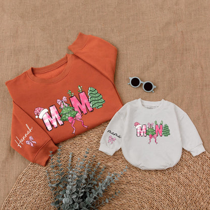 Personalized Mommy and Me Christmas Sweatshirt, Festive Mama Mini Letters, Pink Bows, Santa Hat, Tree and Snowflake Plaid, Cozy Baby Girl Holiday Gift