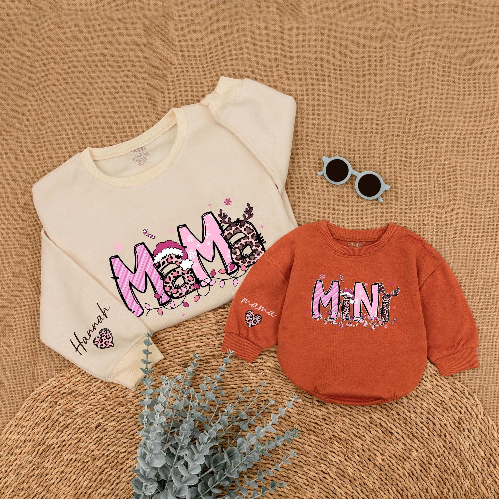 Personalized Pink Leopard Christmas Mama Mini Matching Sweatshirt Baby Girl Bubble Romper Holiday Outfit with Whimsical Antlers Santa Hats Snowflakes