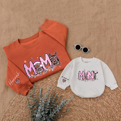 Personalized Pink Leopard Christmas Mama Mini Matching Sweatshirt Baby Girl Bubble Romper Holiday Outfit with Whimsical Antlers Santa Hats Snowflakes