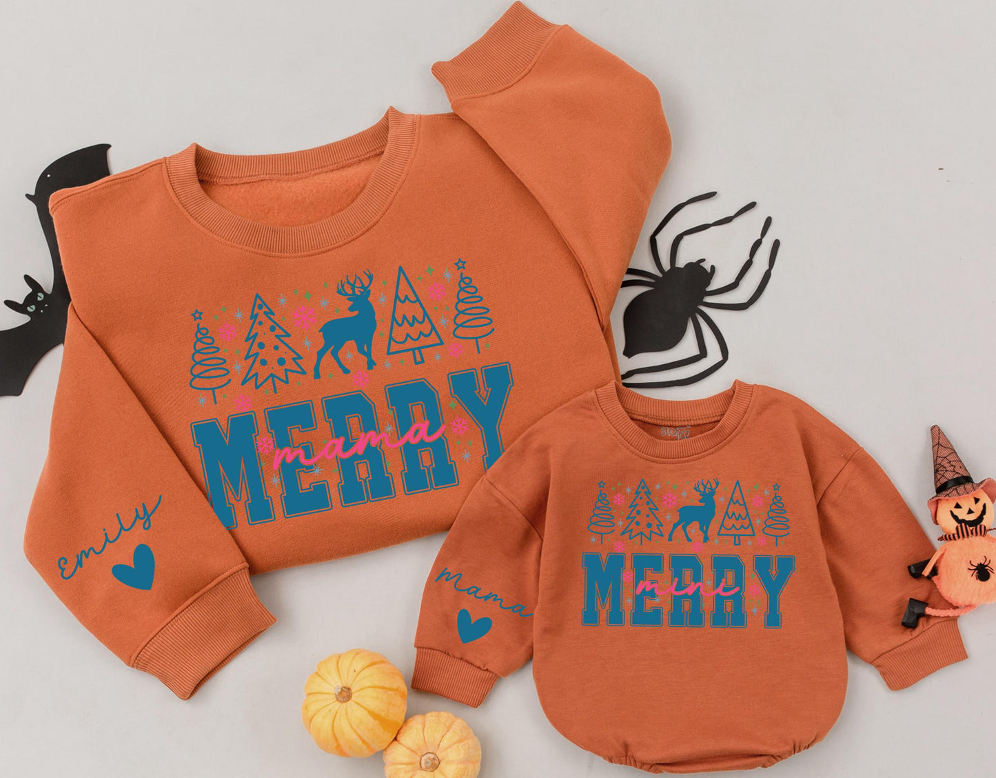 Personalized Merry Mama Mini Matching Christmas Sweatshirt Mom Baby Outfit Daughter Girl Romper Gift with Blue Trees Reindeer Snowflakes Stars Design