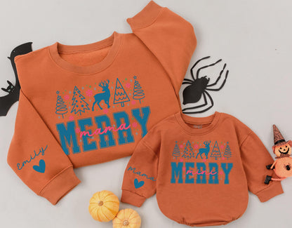 Personalized Merry Mama Mini Matching Christmas Sweatshirt Mom Baby Outfit Daughter Girl Romper Gift with Blue Trees Reindeer Snowflakes Stars Design