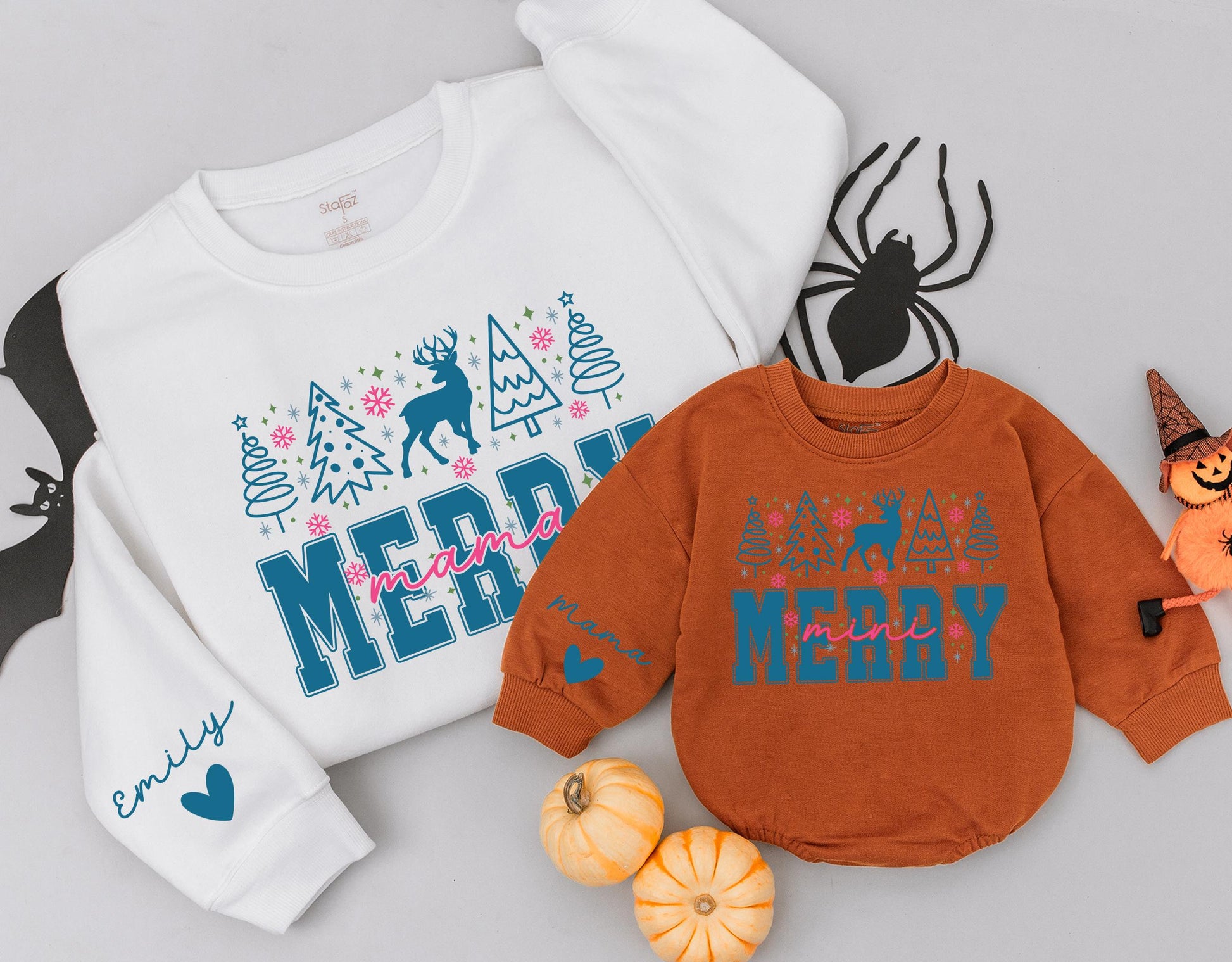Personalized Merry Mama Mini Matching Christmas Sweatshirt Mom Baby Outfit Daughter Girl Romper Gift with Blue Trees Reindeer Snowflakes Stars Design