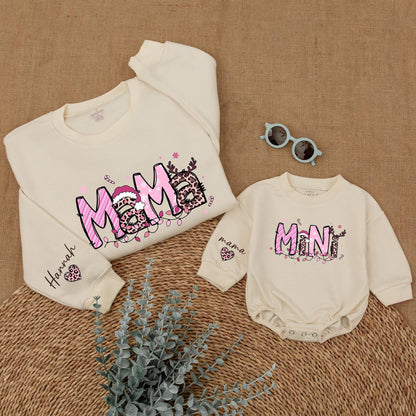 Personalized Pink Leopard Christmas Mama Mini Matching Sweatshirt Baby Girl Bubble Romper Holiday Outfit with Whimsical Antlers Santa Hats Snowflakes