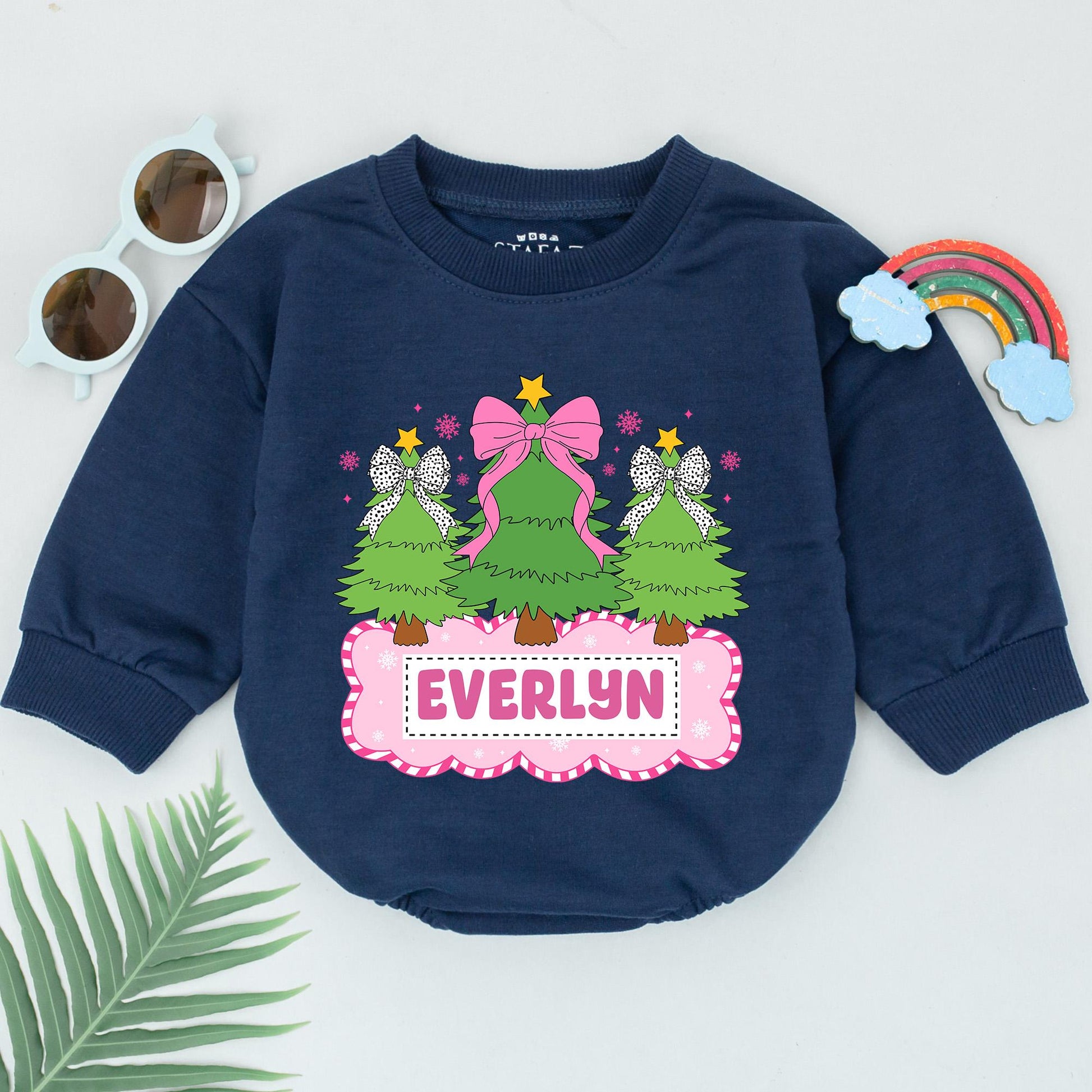 Personalized Name Christmas Tree Romper Pink Bows & Golden Star Baby Girl First Holiday Outfit Whimsical Festive Newborn Gift