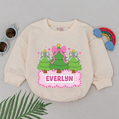 Personalized Name Christmas Tree Romper Pink Bows & Golden Star Baby Girl First Holiday Outfit Whimsical Festive Newborn Gift