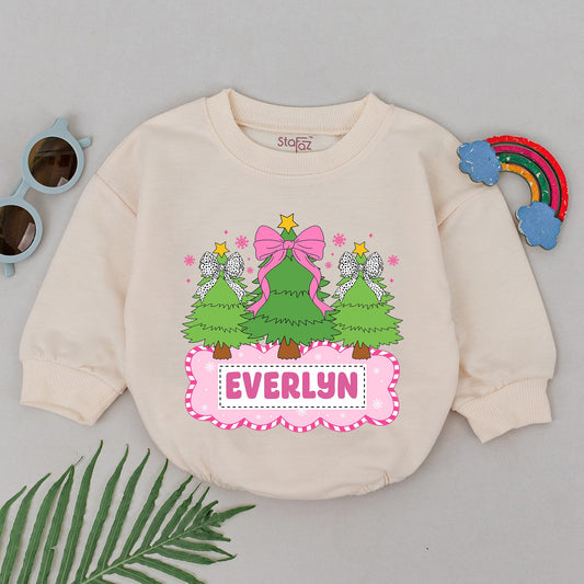 Personalized Name Christmas Tree Romper Pink Bows & Golden Star Baby Girl First Holiday Outfit Whimsical Festive Newborn Gift