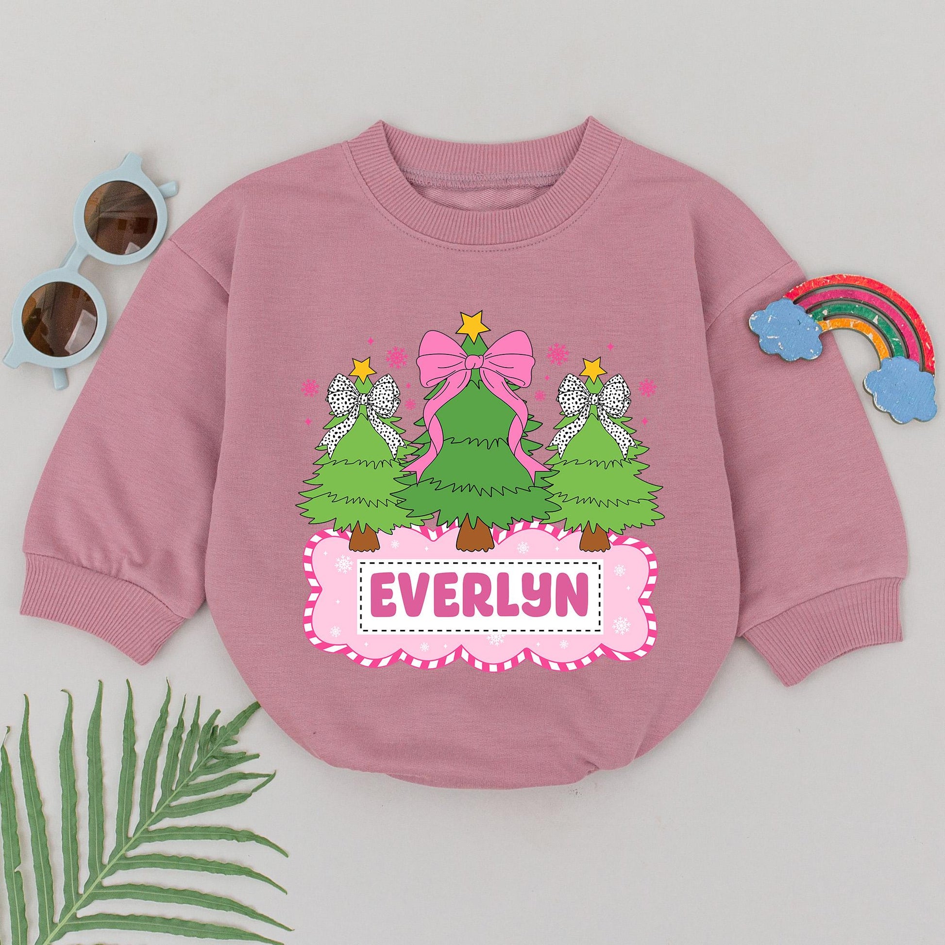 Personalized Name Christmas Tree Romper Pink Bows & Golden Star Baby Girl First Holiday Outfit Whimsical Festive Newborn Gift