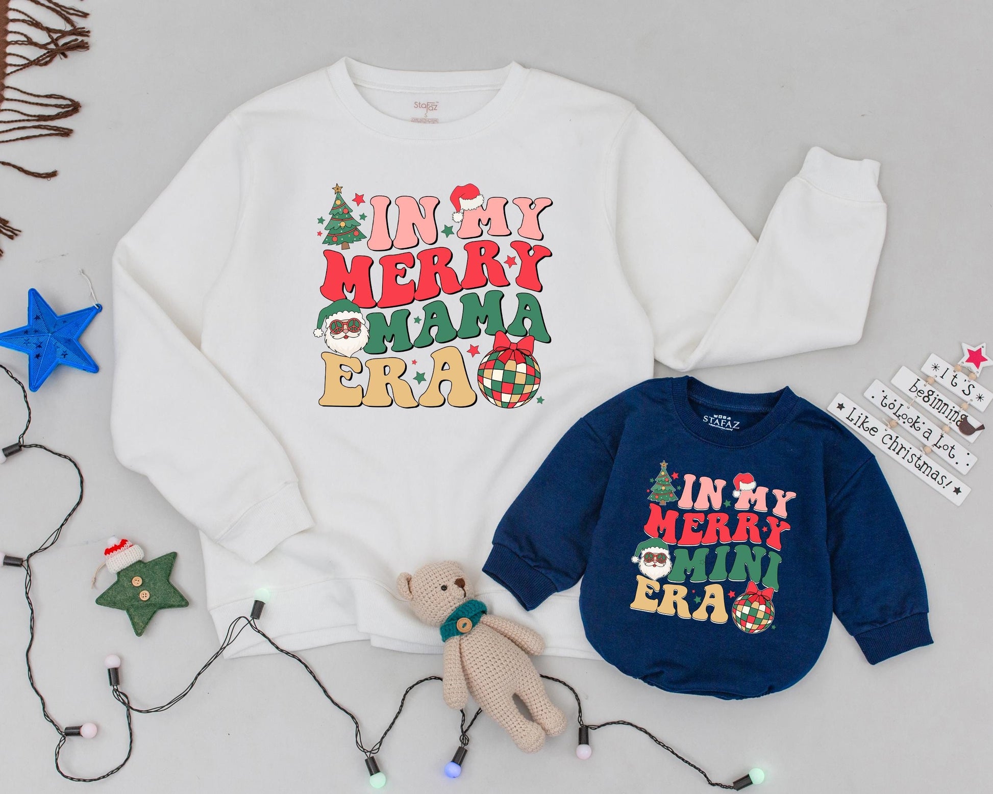 Personalized In My Merry Mama Mini Era Mommy and Me Christmas Sweatshirt Baby Romper Set Retro Vintage Holiday Tree Santa Plaid Festive Outfit