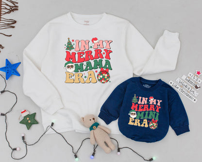 Personalized In My Merry Mama Mini Era Mommy and Me Christmas Sweatshirt Baby Romper Set Retro Vintage Holiday Tree Santa Plaid Festive Outfit