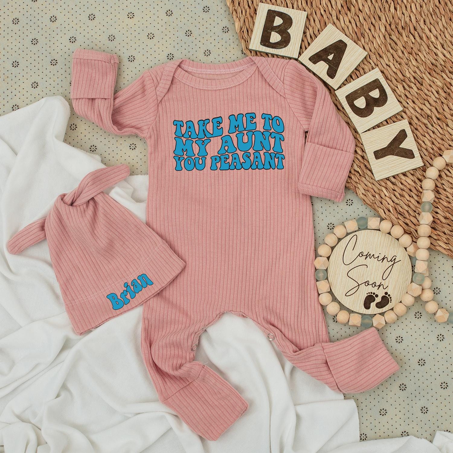 Custom Brian Name Baby Bodysuit and Hat Set with Funny Take Me To My Aunt Peasant Blue 70s Retro Style Outfit Newborn Shower Gift
