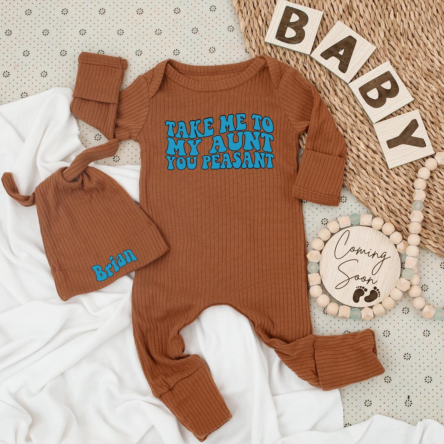 Custom Brian Name Baby Bodysuit and Hat Set with Funny Take Me To My Aunt Peasant Blue 70s Retro Style Outfit Newborn Shower Gift