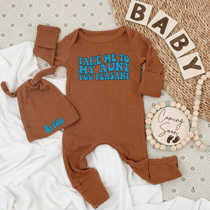 Custom Brian Name Baby Bodysuit and Hat Set with Funny Take Me To My Aunt Peasant Blue 70s Retro Style Outfit Newborn Shower Gift
