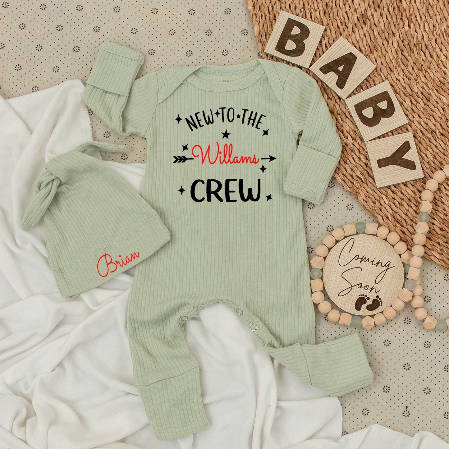 Personalized Baby New To The Williams Crew Bodysuit Brian Hat Set Welcome Family Announcement Outfit Soft Cotton Newborn Gift
