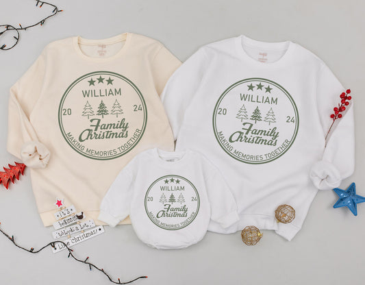 Personalized Family Christmas Sweatshirt with Family Name 2024 Holiday Crewneck Matching Classic Olive Green Emblem Tree Design Making Memories Together