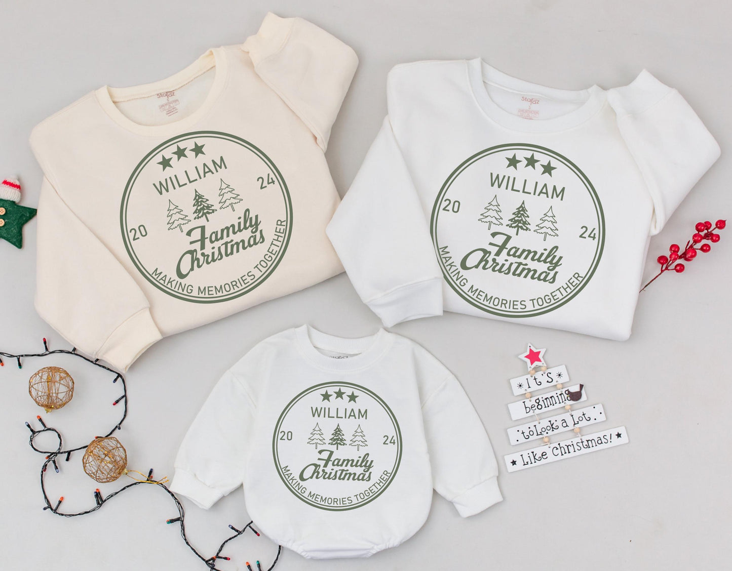 Personalized Family Christmas Sweatshirt with Family Name 2024 Holiday Crewneck Matching Classic Olive Green Emblem Tree Design Making Memories Together
