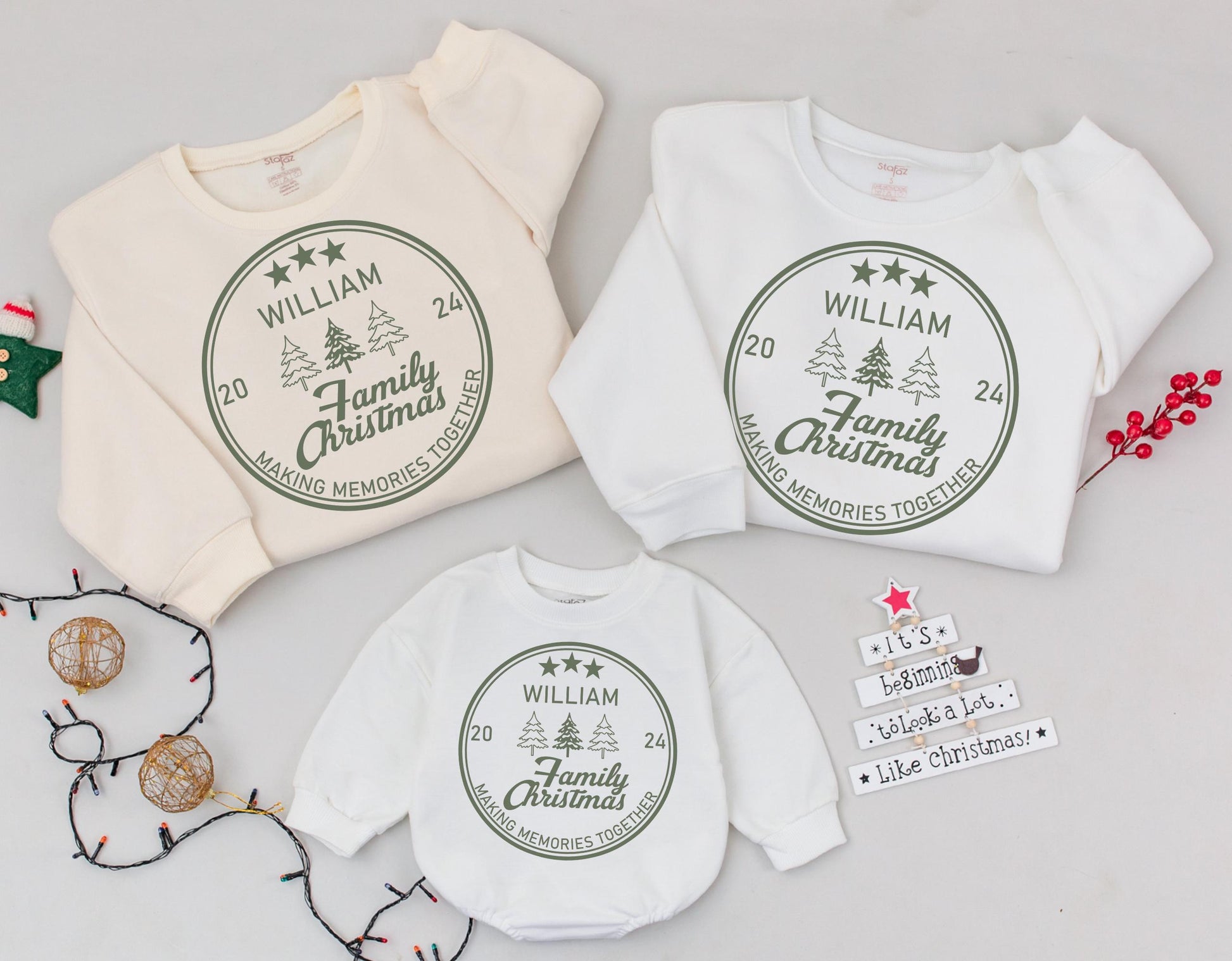 Personalized Family Christmas Sweatshirt with Family Name 2024 Holiday Crewneck Matching Classic Olive Green Emblem Tree Design Making Memories Together