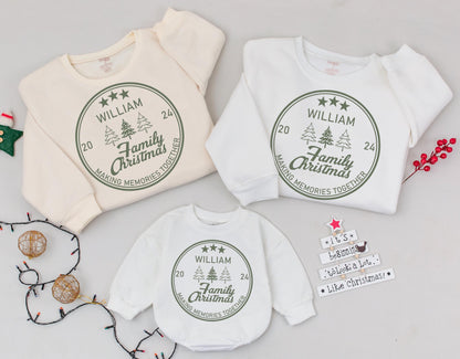 Personalized Family Christmas Sweatshirt with Family Name 2024 Holiday Crewneck Matching Classic Olive Green Emblem Tree Design Making Memories Together