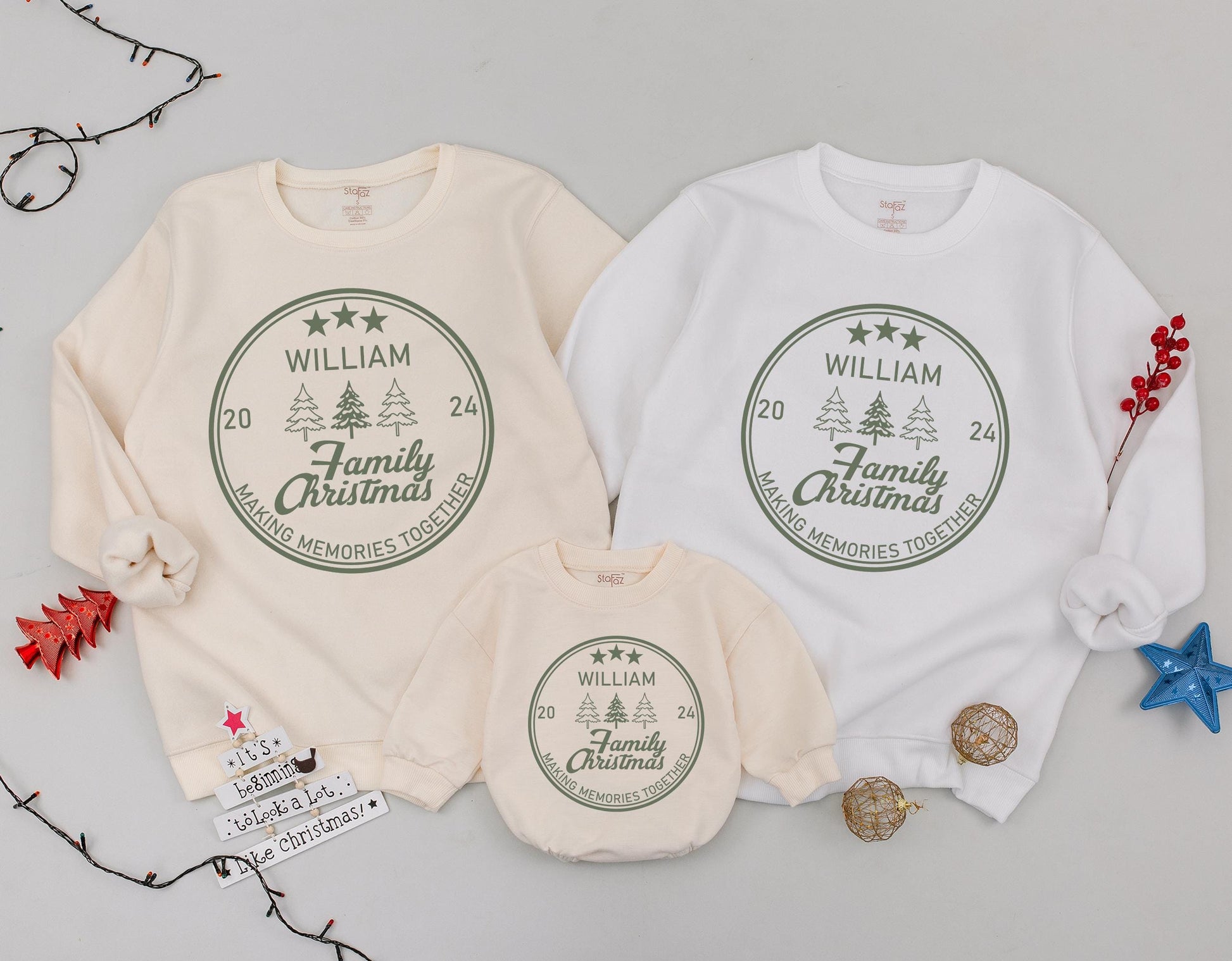 Personalized Family Christmas Sweatshirt with Family Name 2024 Holiday Crewneck Matching Classic Olive Green Emblem Tree Design Making Memories Together