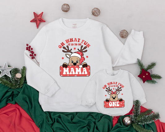 Personalized Mama and Mini Matching Sweatshirt Set Cheerful Red Reindeer First Birthday Christmas Holiday Party Outfit Family Sweater