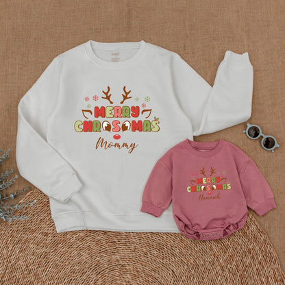 Personalized Merry Christmas Reindeer Family Matching Sweatshirts, Whimsical Mommy and Me Holiday Outfits with Playful Antlers and Snowflakes