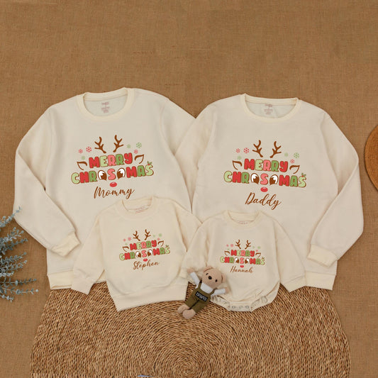 Personalized Merry Christmas Reindeer Family Matching Sweatshirts, Whimsical Mommy and Me Holiday Outfits with Playful Antlers and Snowflakes
