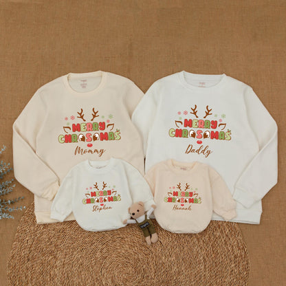 Personalized Merry Christmas Reindeer Family Matching Sweatshirts, Whimsical Mommy and Me Holiday Outfits with Playful Antlers and Snowflakes